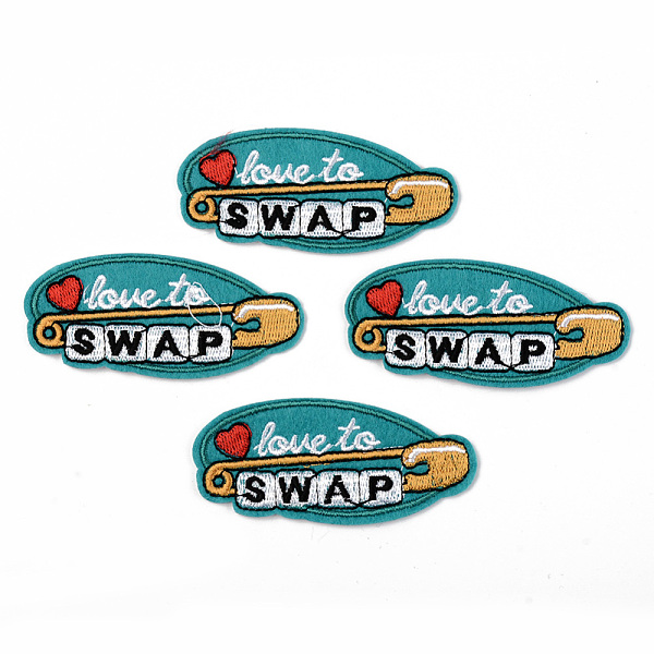 

PandaHall Computerized Embroidery Cloth Iron on/Sew on Patches, Appliques, Costume Accessories, Oval with Love to Swap, Dark Cyan...