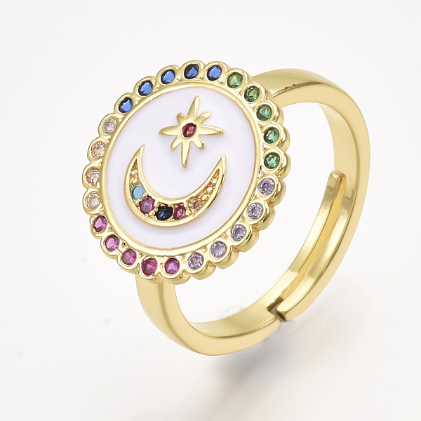 

PandaHall Adjustable Brass Micro Pave Cubic Zirconia Finger Rings, with Enamel, Flat Round with Moon and Star, White, Size 7, 17mm...