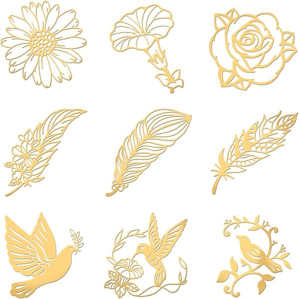 

PandaHall OLYCRAFT 9Pcs Copper Orgonite Sticker Natural Theme Sticker Bird Flower Leaf Decorate Stickers Self Adhesive Golden Stickers for...