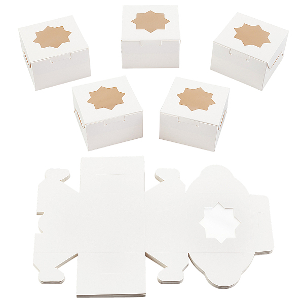 PandaHall SUPERFINDINGS Individual Kraft Paper Cake Box, Bakery Single Cupcake Packing Box, Square with Octagonal-shaped Clear Window, White...