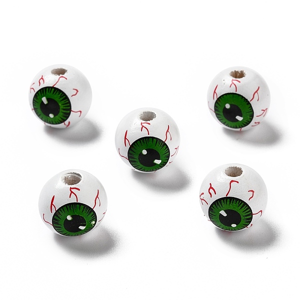 

PandaHall Halloween Spray Painted Wood Beads, Round with Green Eye Pattern, White, 15.5~16x14.5~15mm, Hole: 4mm Wood Round White