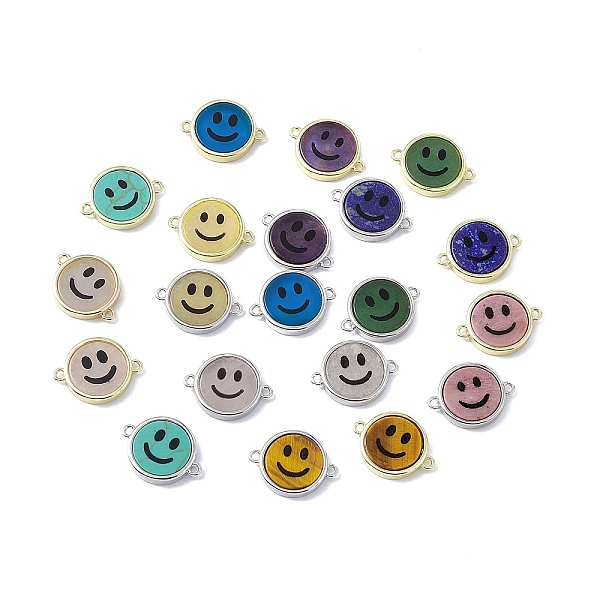 

PandaHall Natural & Synthetic Mixed Stone Connector Charms, Flat Round with Smiling Face Links, with Rack Plating Platinum & Golden Tone...