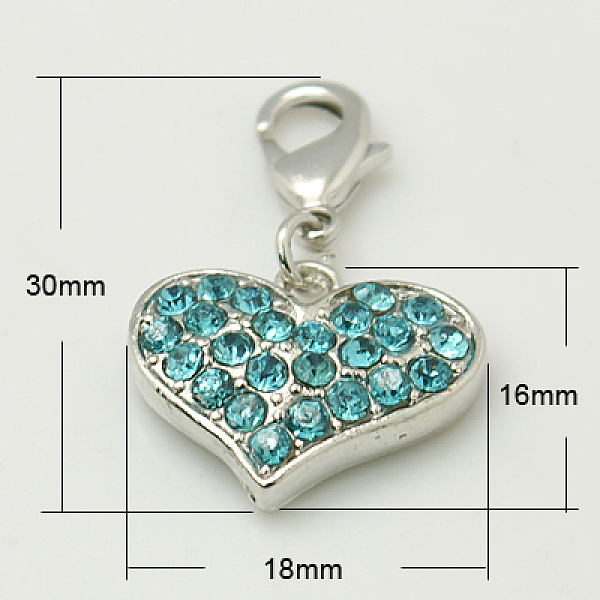 

PandaHall Alloy Rhinestone Pendants, Cadmium Free & Lead Free, Grade A, with Lobster Clasp, Heart, Platinum Metal Color, Aquamarine..., Green