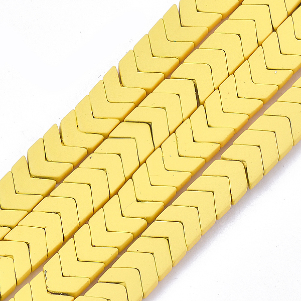 

PandaHall Spray Painted Non-magnetic Synthetic Hematite Beads Strands, Matte Style, Arrow/Chevron, Yellow, 7x8x3mm, Hole: 0.7mm, about...
