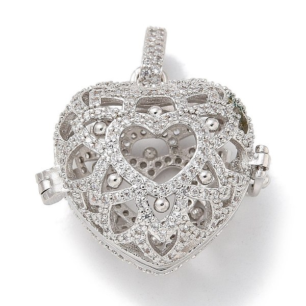 Rack Plating Brass Micro Pave Clear Cubic Zirconia Bead Cage Pendants, Hollow Heart Cage Charms for Chime Ball Pendant Necklaces Making, Long-Lasting Plated, Lead Free & Cadmium Free, Platinum, 25x28x17mm, Hole: 3x6.5mm, Inner Diameter...