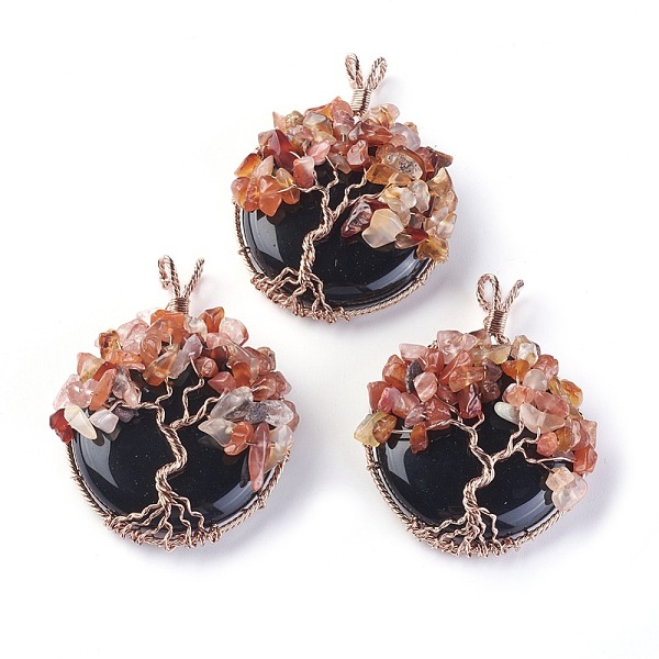 

PandaHall Natural Obsidian & Carnelian Big Pendants, with Rose Gold Tone Brass Findings, Flat Round with Tree of Life...