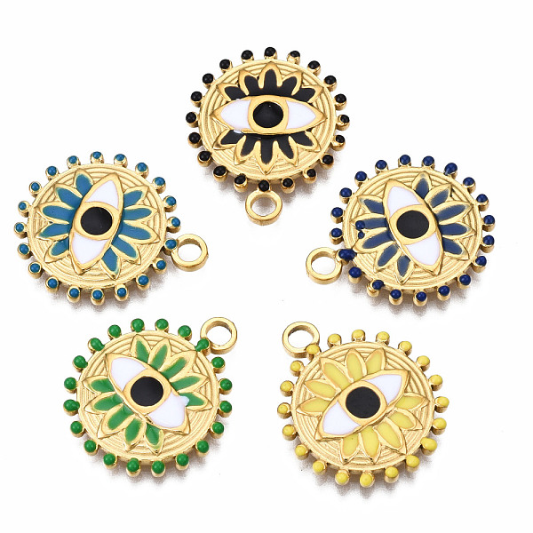 

PandaHall 304 Stainless Steel Pendants, with Enamel, Flat Round with Eye, Golden, Mixed Color, 21.5x18x2.5mm, Hole: 2mm Stainless..., Multicolor