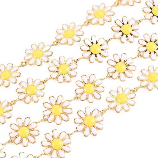 

PandaHall 304 Stainless Steel Sunflower Link Chains, with Enamel, Real 18K Gold Plated, Soldered, White, 13x10x1mm, about 3.28 Feet...