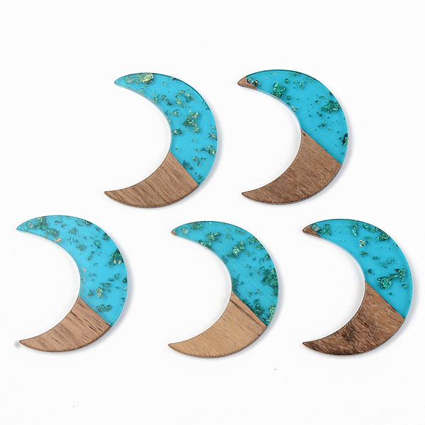 

PandaHall Transparent Resin & Walnut Wood Pendants, with Gold Foil, Moon, Dark Turquoise, 38x30x3mm, Hole: 2mm Resin+Wood Moon Cyan