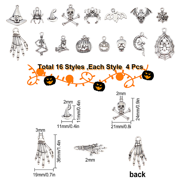 

PandaHall SUNNYCLUE 1 Box 64Pcs 16 Style Halloween Charms Bulk Tibetan Style Alloy Skull Charms Spider Charms for Jewelry Making Spider Web...