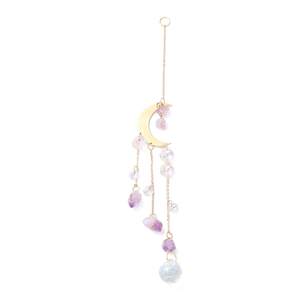 PandaHall Hanging Crystal Aurora Wind Chimes, with Prismatic Pendant, Moon-shaped Iron Link and Natural Amethyst, for Home Window Lighting...