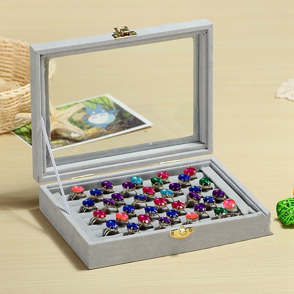 

PandaHall Flock with Glass Rings Jewelry Display Box, Light Grey, 200x150x50mm Velvet Rectangle