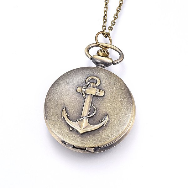 

PandaHall Alloy Pendant Necklace Quartz Pocket Watch, with Iron Chains and Lobster Claw Clasps, Flat Round with Anchor, Antique Bronze, 31.9...