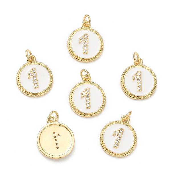 

PandaHall Brass Micro Pave Clear Cubic Zirconia Charms, Long-Lasting Plated, with Jump Rings and White Enamel, Flat Round with Number, Real...