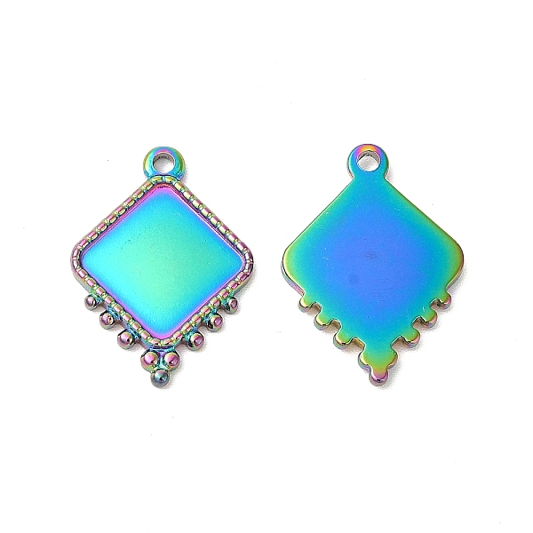 

PandaHall Ion Plating(IP) 304 Stainless Steel Pendant Cabochon Settings, Rhombus, Rainbow Color, Tray: 13.5x13.5mm, 21x15x2mm, Hole: 1.6mm...