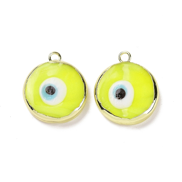

PandaHall Handmade Lampwork Pendants, with Golden Plated Brass Findings, Cadmium Free & Lead Free, Flat Round with Evil Eye, Yellow...