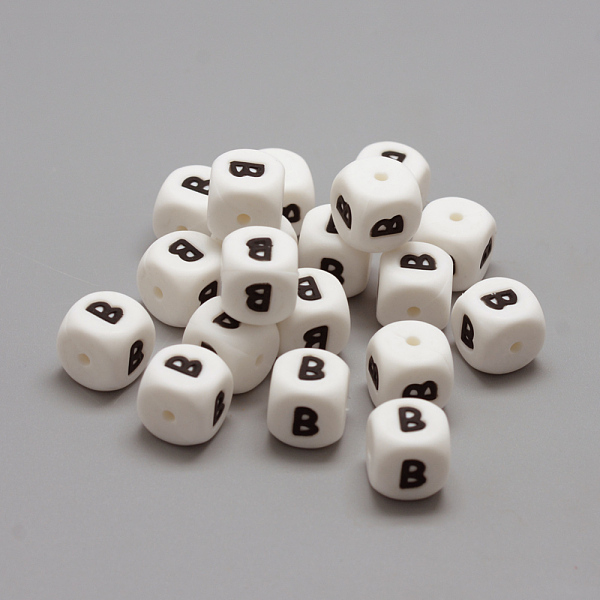 

PandaHall Food Grade Eco-Friendly Silicone Beads, Chewing Beads For Teethers, DIY Nursing Necklaces Making, Letter Style, Cube, Letter.B..., White