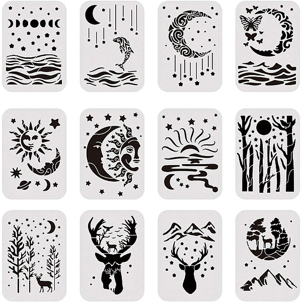 

PandaHall BENECREAT 12PCS 8x12 Inches Moon Star Elk Pattern Template Stencil River Painting Stencil for Art Craft Painting Scrabooking and...
