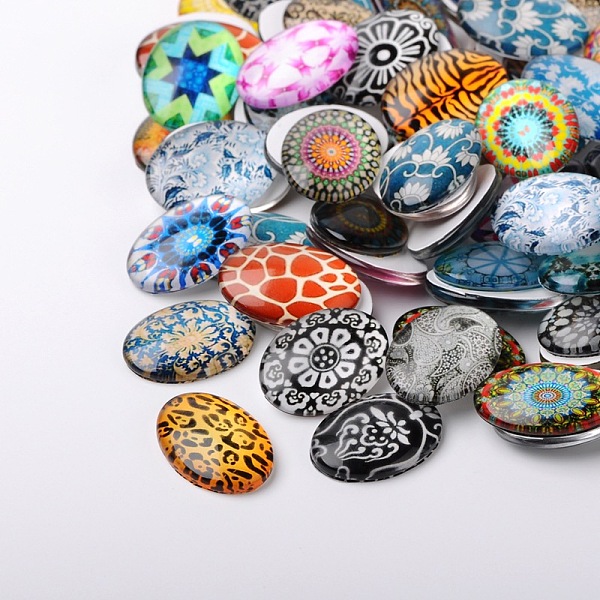 

PandaHall Mosaic Printed Glass Oval Cabochons, Mixed Color, 18x13x4mm Glass Oval Multicolor