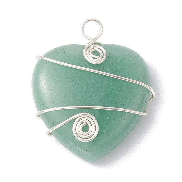 PandaHall Natural Green Aventurine Copper Wire Wrapped Pendants, Heart Charms, Long-Lasting Plated, Silver Color Plated...