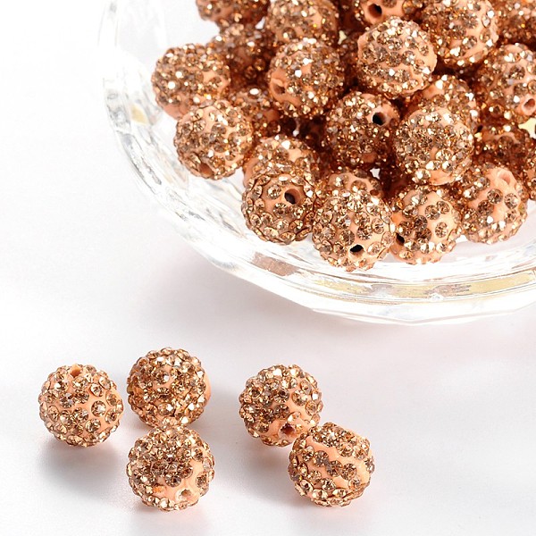 

PandaHall Pave Disco Ball Beads, Polymer Clay Rhinestone Beads, Round, Light Peach, PP13(1.9~2mm), 6 Rows Rhinestone, 10mm, Hole: 1.5mm..., Red