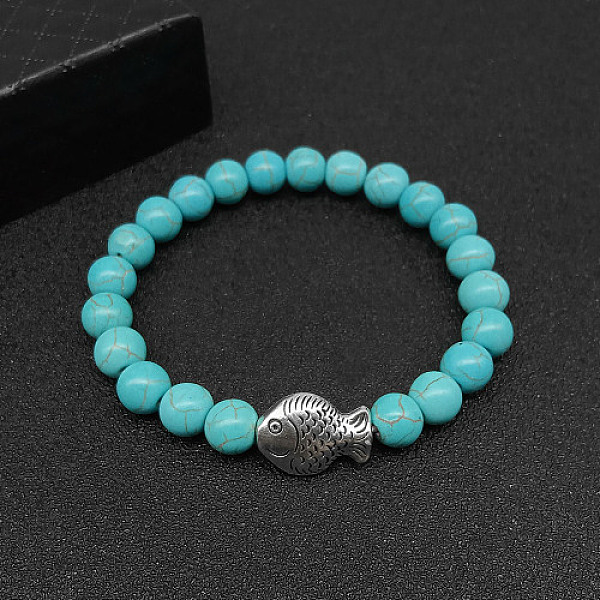 

PandaHall Synthetic Turquoise Stretch Bracelets for Women Men, with Tibetan Style Animals Alloy Beads, Fish, No Size Synthetic Turquoise...