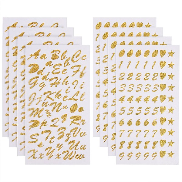 PandaHall 8 Sheets Letter, Number and Heart & Star Glitter Paper Stickers, with PVC Cover, Gold, 4sheets/style Paper Rectangle Gold