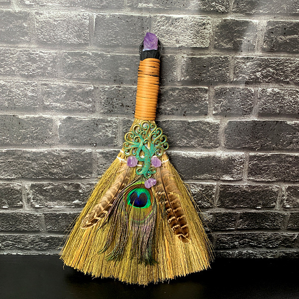 

PandaHall Straw Witch Altar Broom Display Decoration with Raw Natural Amethyst Chips, Tree of Life Peacock Feathers for Altar Ornaments...