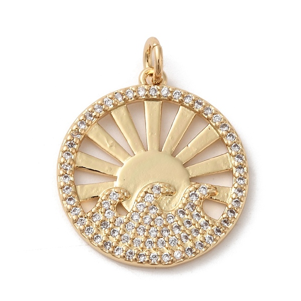 

PandaHall Rack Plating Brass Micro Pave Cubic Zirconia Pendants, Jump Ring, Lead Free & Cadmium Free, Flat Round with Sun, Real 18K Gold..., Clear