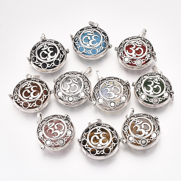 

PandaHall Alloy Cage Big Pendants, Hollow, with Natural/Synthetic Gemstone Beads, Flat Round with Om Symbol, Antique Silver, 34.5x35x14mm..., Multicolor
