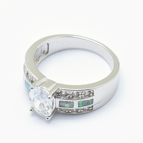 

PandaHall Cubic Zirconia Finger Rings, with Synthetic Opal and Brass Findings, Long-Lasting Plated, Oval, Clear, Platinum, US Size 7 1/4...