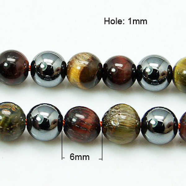

PandaHall Natural Tiger Iron & Synthetic Hematite Beads Strands, Dyed & Heated, Round, Saddle Brown, 6mm, Hole: 1mm, about 63pcs/strand...