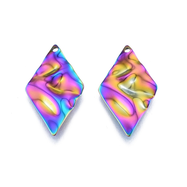 

PandaHall Ion Plating(IP) 201 Stainless Steel Pendant, Textured Charms, Rhombus, Rainbow Color, 32.5x18x1mm, Hole: 1.6mm 201 Stainless Steel...