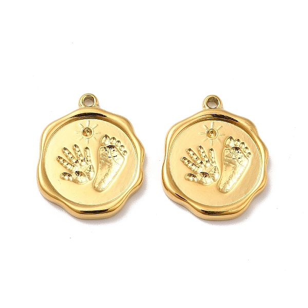 

PandaHall Ion Plating(IP) 304 Stainless Steel Pendant Rhinestone Settings, Flat Round with Palm & Foot Print, Real 18K Gold Plated, Fit for...