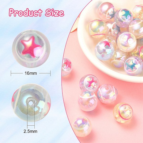 

PandaHall 30Pcs UV Plating Rainbow Iridescent Acrylic Beads, Round with Star, Mixed Color, 16mm, Hole: 2.5mm, 30pcs Acrylic Round Multicolor