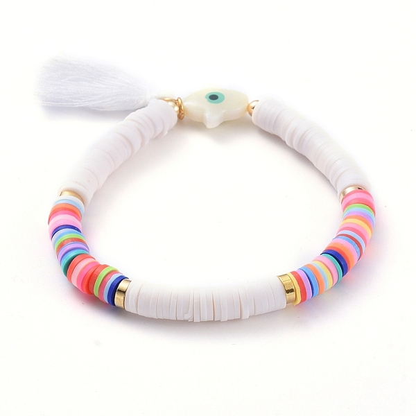 

PandaHall Handmade Polymer Clay Heishi Beads Stretch Bracelets, with Cotton Thread Tassel Pendants and Natural Freshwater Shell Beads, Palm..., Orange