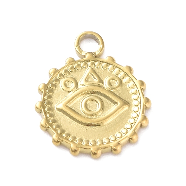 

PandaHall Ion Plating(IP) 304 Stainless Steel Pendant Cabochon Settings, Flat Round with Eye, Golden, Tray: 1.6mm, 18.5x15x1.5mm, Hole...