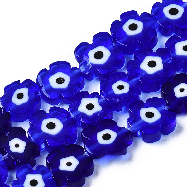 

PandaHall Handmade Lampwork Beads Strands, Flower with Evil Eye, Medium Blue, 7~9x7~9x3mm, Hole: 0.8mm, about 50~52pcs/strand, 14.57...