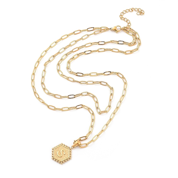 

PandaHall Real 18K Gold Plated Stainless Steel Paperclip Chains Double Layer Necklaces, Hexagon with Initial Letter Pendant Necklace, Letter...