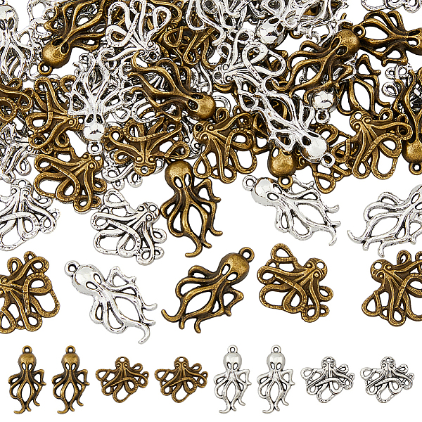

PandaHall DICOSMETIC 120Pcs 4 Style Tibetan Style Alloy Pendants, Octopus, Antique Bronze & Antique Silver, 20.5~30.5x17~24x2.5~4.5mm, Hole...