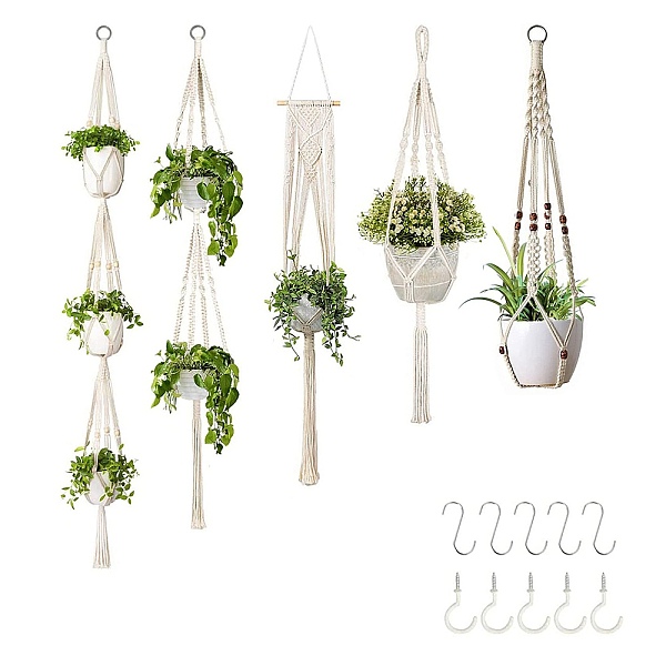 

PandaHall Cotton Macrame Plant Hangers, Boho Style Hanging Planter Baskets, Wall Decorative Flower Pot Holder, with Ceiling Hook, Snow..., White