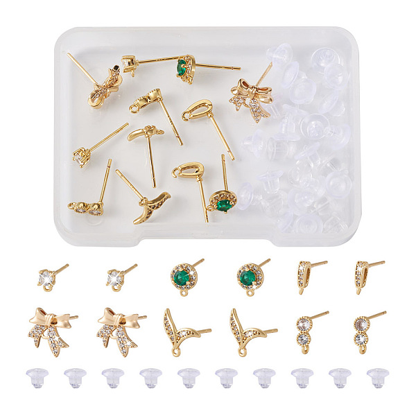 PandaHall Fashewelry 12Pcs 6 Style Brass Micro Pave Cubic Zirconia Stud Earring Findings, with 925 Sterling Silver Pins and Horizontal Loops...