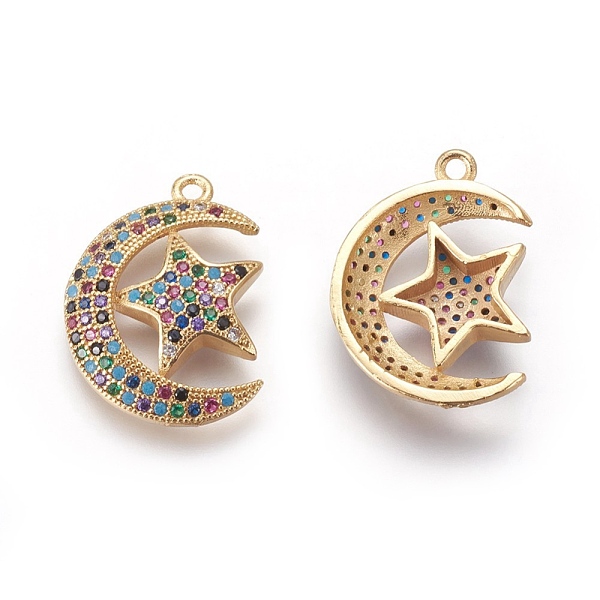 

PandaHall Brass Micro Pave Cubic Zirconia Pendants, Moon with Star, Colorful, Golden, 22x16x4mm, Hole: 1mm Brass+Cubic Zirconia Moon
