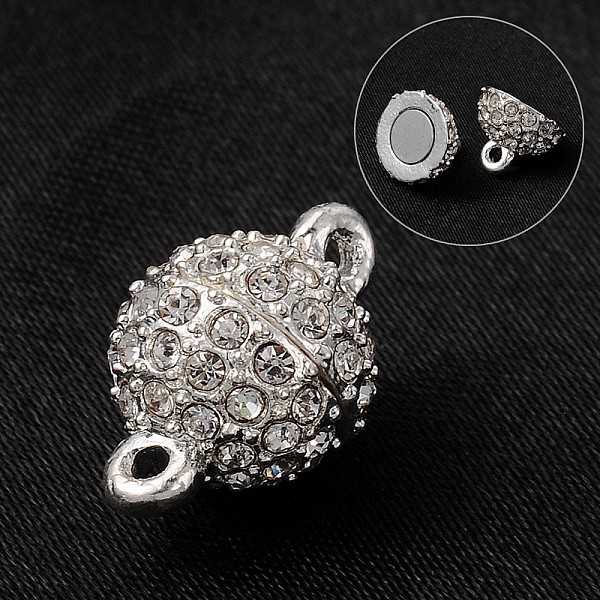 

PandaHall Round Alloy Rhinestone Magnetic Clasps with Loops, Silver Color Plated, 16x10mm, Hole: 1mm Alloy+Rhinestone Round Clear
