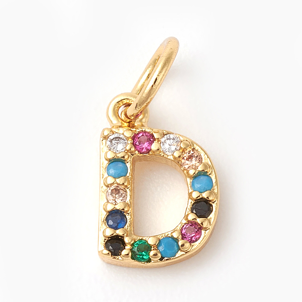 

PandaHall Brass Micro Pave Colorful Cubic Zirconia Charms, Golden, Letter.D, 9x6x2mm, Hole: 3mm Brass+Cubic Zirconia Letter D