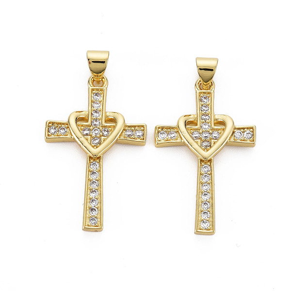 

PandaHall Brass Micro Pave Cubic Zirconia Pendants, Nickel Free, Cross with Heart, Real 16K Gold Plated, 30x18x3mm, Hole: 3.5x5mm..., Clear