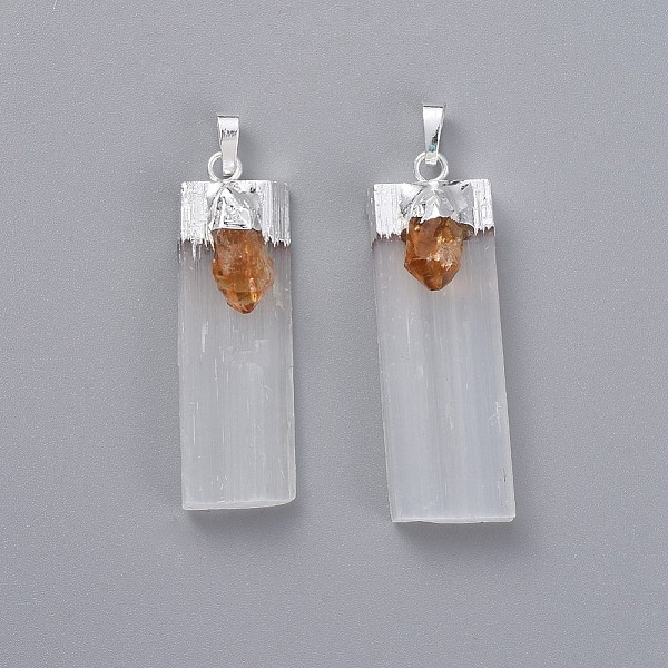 

PandaHall Natural Calcite Big Pendants, with Natural Citrine and Brass Findings, Rectangle, Silver, 55~63x16~23x12.5~15mm, Hole: 8x3~5mm...