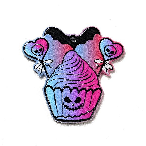 PandaHall Halloween Printed Acrylic Pendants, Cake with Skull Charm, 39x40x2.6mm, Hole: 1.8mm Acrylic Food