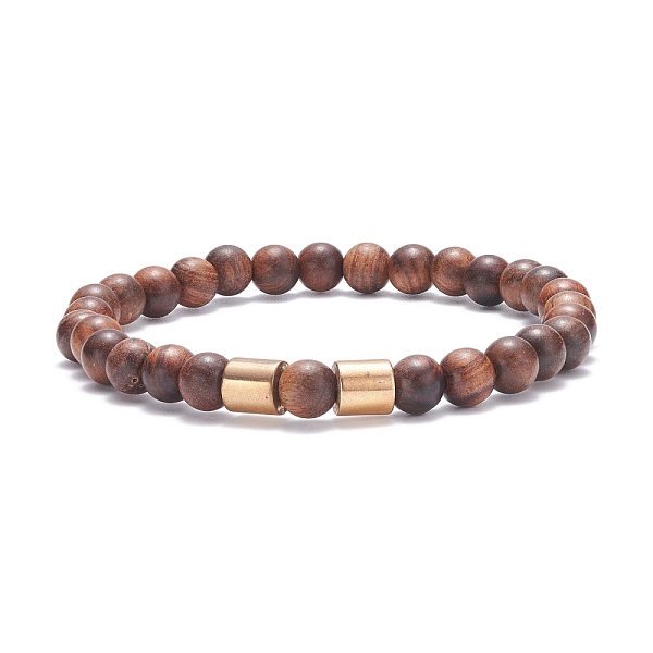 PandaHall Natural Wood Round Beaded Stretch Bracelet with Synthetic Hematite for Men Women, Chocolate, Inner Diameter: 2-1/4 inch(5.6cm)...