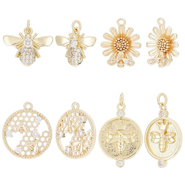 

PandaHall Beebeecraft 1 Box 8Pcs 4 Style Bee Charms 18K Gold Plated and Cubic Zirconia Flower Honeycomb Pendants Charms Insects Earring..., Clear